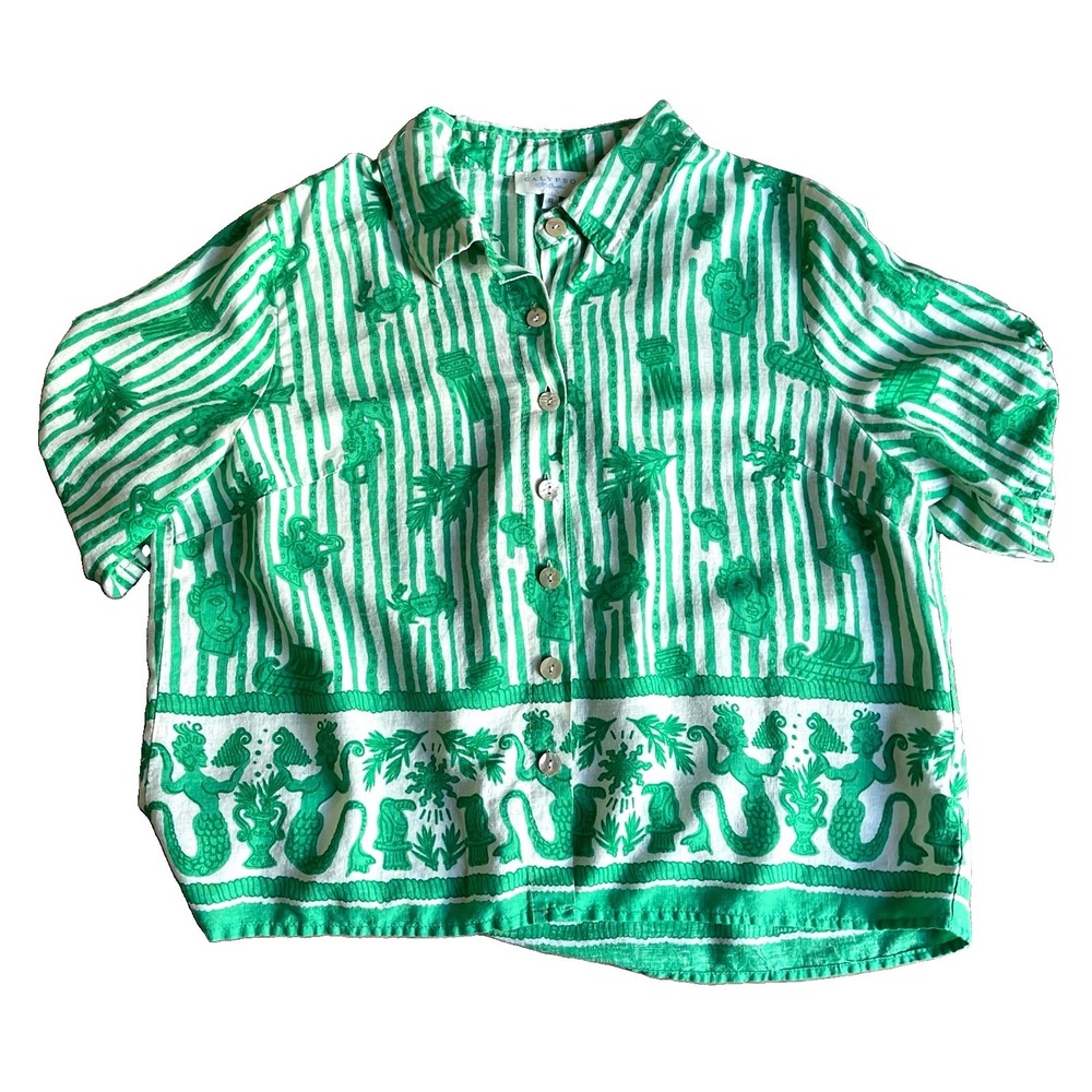 Calypso St Barth XL Linen Blend Greek Shirt Green Roman Mermaid Resort Blouse